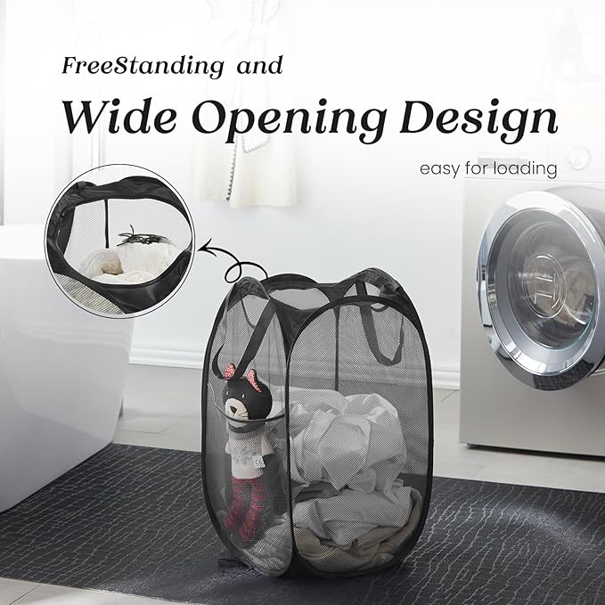 TECHMILLY Upgraded 105L Collapsible Mesh Pop Up Laundry Hamper with Sturdy Handles and Side Pocket - Portable Foldable Clothes Baskets for Dorm, Bathroom & Travel Storage (Black Plus，3 Packs)
