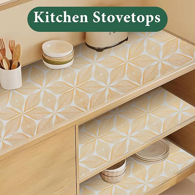 3D Drawer and Shelf Liner for Kitchen Cabinet: 12 in X 30 Ft Waterproof Shelf Paper Non Adhesive Refrigerator Liners Golden Leaf Easy Liners for Bathroom with Knife Tape Measure