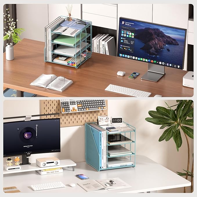 Blue Desk File Organizer and Accessories, 4-Tier Paper Organizer with Vertical File Holder, Office Desk Accessories & Workspace Organizers and Desktop Storage for Office Supplies (Sky Blue)