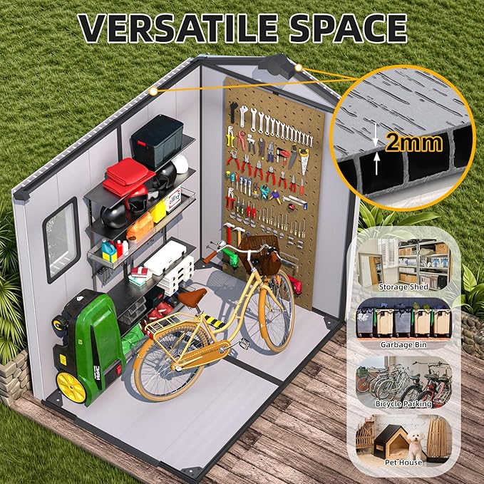 MELLCOM 4 x 6 FT Resin Outdoor Storage Shed with Floor, Resin Outdoor Storage Tool Shed with Windows and Lockable Door, Garden Shed for Lawnmower, Bike, Pool Supply