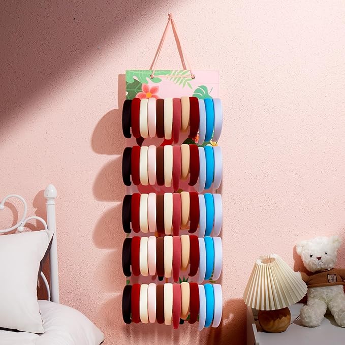 Tudomro Hanging Headband Holder for Girls Felt Hair Accessories Organizer with 60 Elastic Bands Bow Hanger for Girls Hair Bows Without Headbands(Flamingo,Fresh Color)