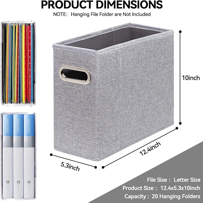 4 Packs Letter Size File Organizer, File Folders Organizer, Fabric Storage Box, Collapsible Paper Organizer with Metal Handle, Smooth PVC Rails, Only Box (Gray)