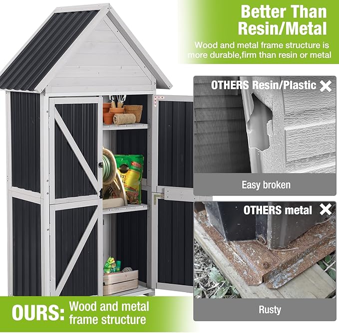 GUTINNEEN Outdoor Storage Cabinet, Wood & Metal Frame Garden Storage Shed with Waterproof Plastic Roof, Adjustable Shelves, Raised Base, Weather-Resistant Tool Shed for Backyard, Patio & Lawn, 67.5"H
