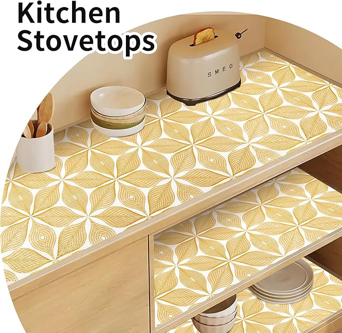 Shelf Liners for Kitchen Cabinets 23.62in x 39.5FT, Non Adhesive Cabinet Liner Strong Non-Slip Golden Leaf Drawer Liner, Easy to Clean for Shelf, Cabinet with Knife and Tape Measure