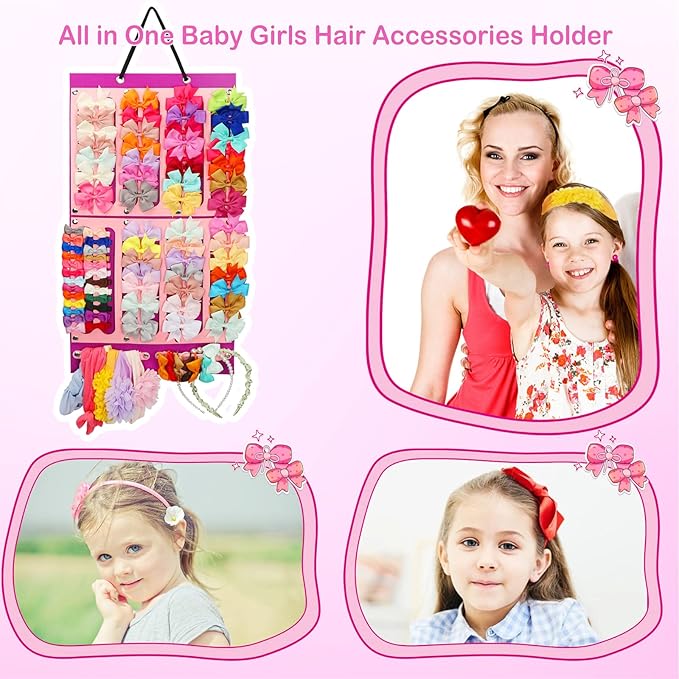 Vimiv Hair Bows Holder & Organizer w/Large Capacity, 16 Ribbons, Bows Organizer, Baby Hair Accessory Storage Display w/Sturdy Rope, Wall Hanging for Girl Room-Purple