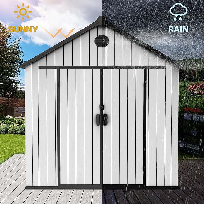DWVO 8x8 FT Outdoor Storage Shed, Plastic Storage Shed with VisionWindow, Lockable Door & Floor, 16mm Heavy Duty All-Weather Tool Garden Shed with Vent for Patio Bike Lawn Mower Pool Supplies, Gray