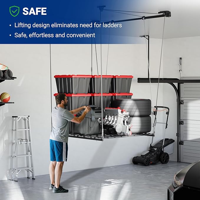 FLEXIMOUNTS GL1 Overhead Garage Lifting Storage Rack, 4x4 Ft Heavy-Duty Metal Garage Ceiling Rack, Adjustable Organization System With 71''L Axle, 300lbs Weight, Black