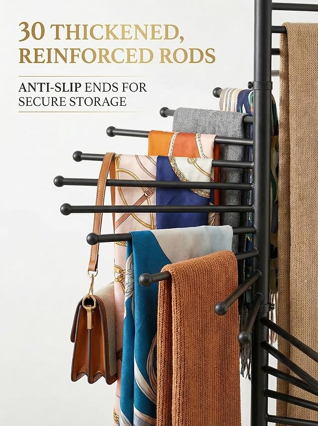 Multi-functional spiral organizer, free-standing design with 30 rods. Ideal for storing multiple scarves, hijabs, and clothes while saving space (42x170cm/17x67in). (black)