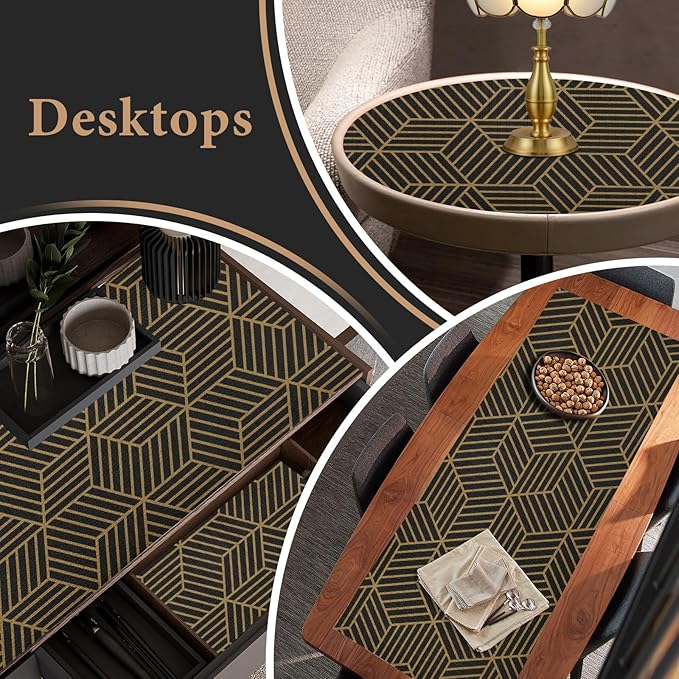 Shelf Liners for Kitchen Cabinets 12in x 20FT, Non Adhesive Cabinet Liner Strong Non-Slip Black Gold Geometric Drawer Liner, Easy to Clean for Shelf, Cabinet with Knife and Tape Measure