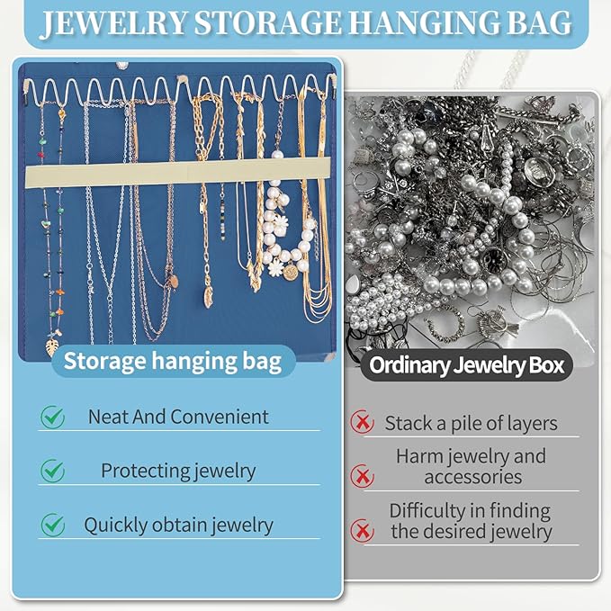 GMAK Hanging Jewelry Organizer with Hanger Metal Hooks, Double-Sided Jewelry Holder Accessories Organizer Storage Roll for Jewelry, Earrings, Bracelets, Necklaces, Rings - Navy Blue