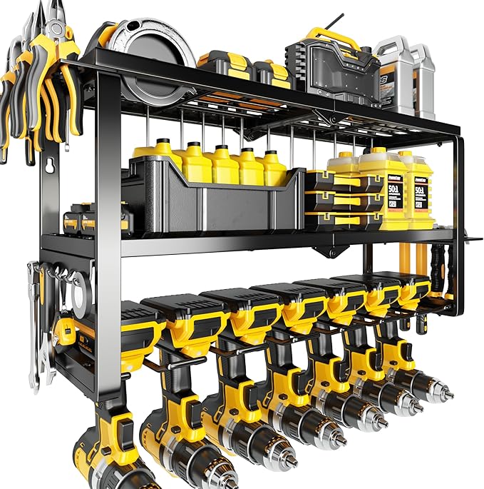 Heavy Duty Power Tool Organizer Wall Mount - 300lb Capacity 3-Tier Storage Rack with 7 Drill Holders for Garage Workshop Tools