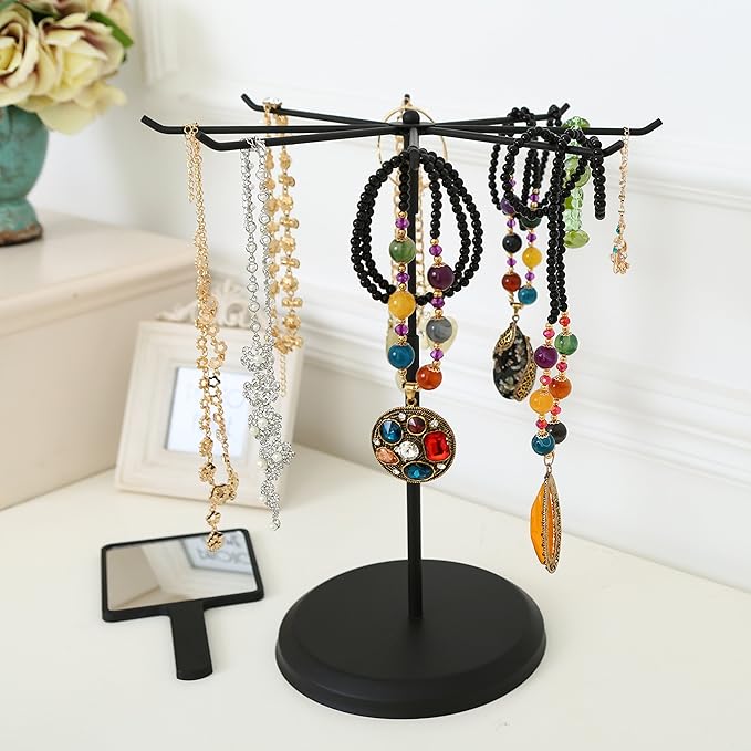 MyGift Black Metal Rotating Necklace and Bracelet Organizer Jewelry Stand with 8 Hooks and Adjustable Height, Multipurpose Accessory Keychain Holder Display Rack for Retail