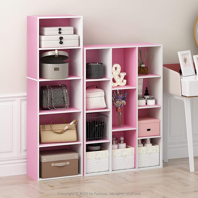 Furinno LUDER Book Shelf, 11-Cube Bookshelf, Reversible Bookcase, 9.4 x 29.1 x 41.7, for Living Room, Bedroom, Home Office, White/Pink