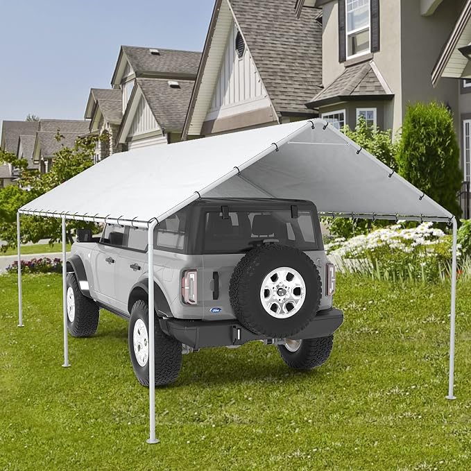 10 x 20 Ft Carport Replacement Canopy Cover Garage Top Tent Shelter Tarp with Free 48 Ball Bungee Cords,White(Only Cover, Frame Not Include)