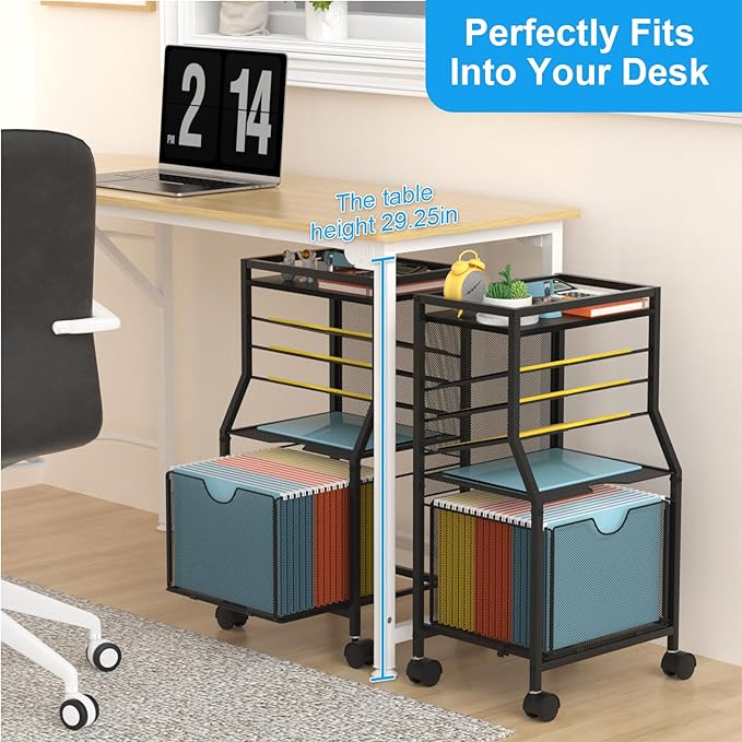 Rolling File Cart, 6-Tier Desk File Organizer on Lockable Wheels, Black Wood Planks & Mesh Sliding Hanging Folder Drawer, Organization Cart for Office Home School