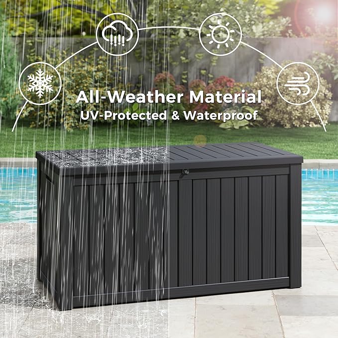 NUNU LAB 151 Gallon Outdoor Storage Box,Resin Large Sturdy Deck Box, Backyard Outside Storage Box Waterproof with Double Wall Panels,Package Delivery Garden Outdoor Hose Storage Bin,Black