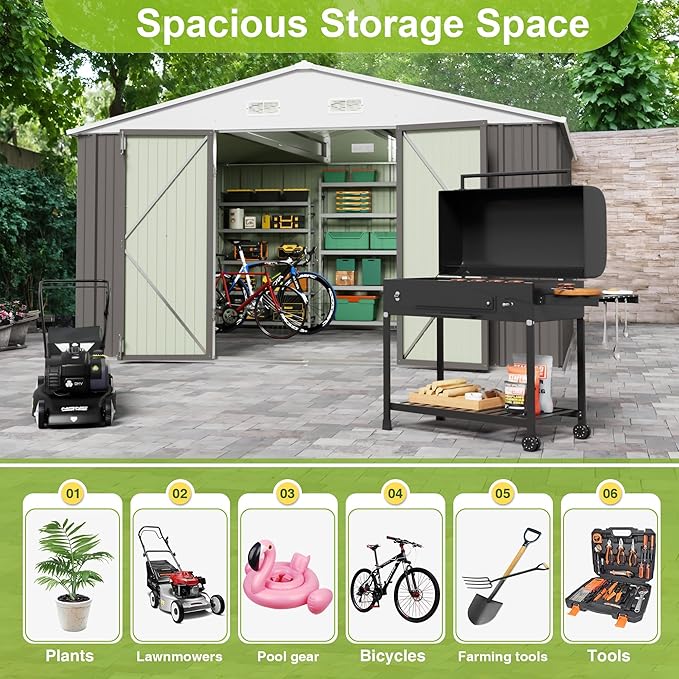 JUMMICO 10 x 8 FT Outdoor Storage Shed, Large Metal Garden Shed & Tool Sheds for Backyard Garden Patio Lawn (Grey)
