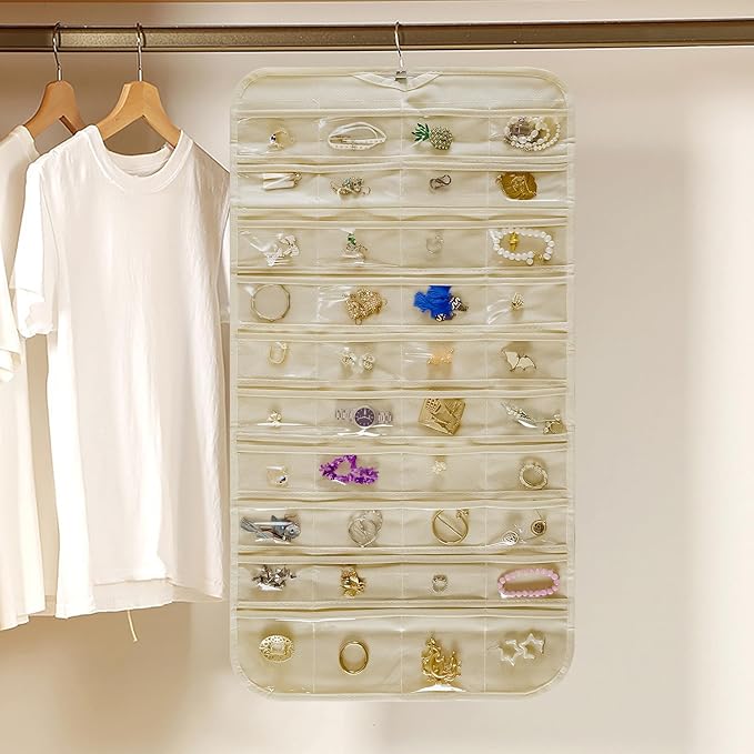 Hanging Jewelry Organizer Storage Roll with Hanger Metal Hooks Double-Sided Jewelry Holder for Necklaces, Earrings, Rings on Door, Wall, Closet, 48 Pocket Organizer,Beige
