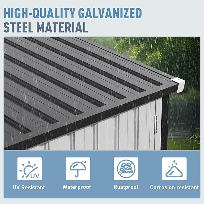 14x12 FT Outdoor Metal Storage Shed with Window, Heavy-Duty Galvanized Steel Tool Shed with Lockable Doors, Waterproof Garden Shed for Backyard, Patio, Lawn, Black