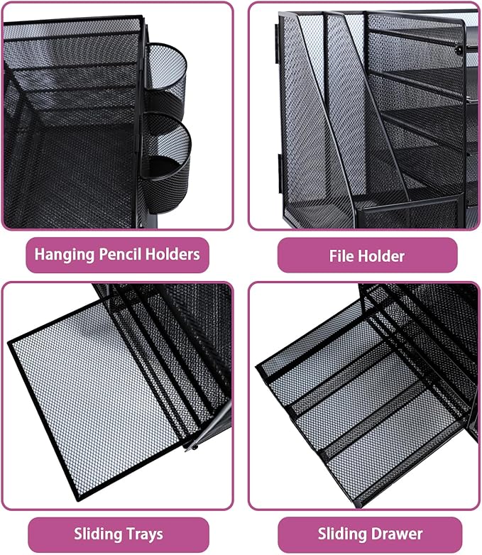 Desk Organizers and Accessories with File Holder, 5-Tier Paper Letter Tray Organiser with Drawer and 2 Pen Holder, Mesh Desktop Document Organizer for Office Supplies, Workspace - Black