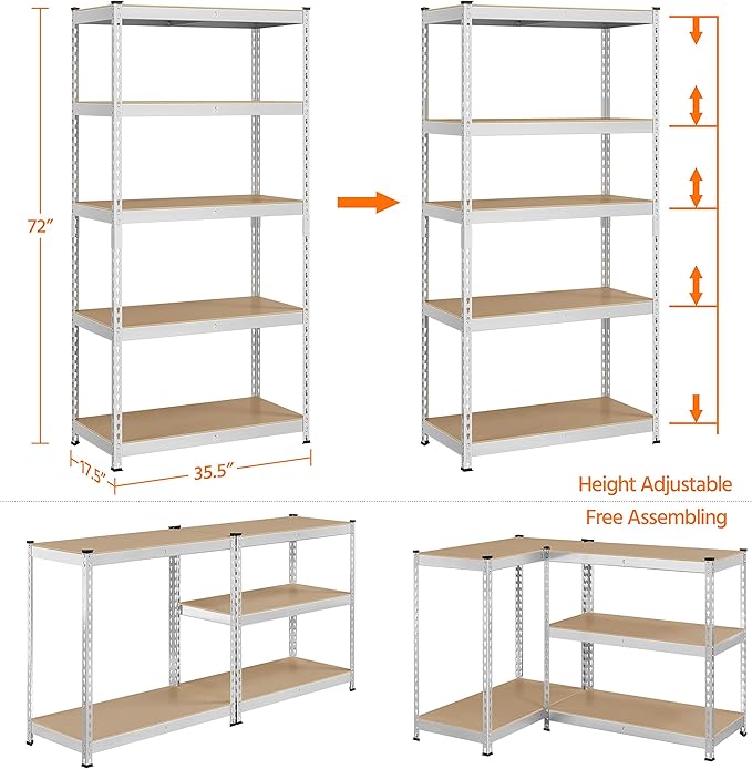 Topeakmart 5-Tier Utility Shelves, Metal Storage Shelves Garage Shelving Unit Adjustable Garage Storage Shelves Storage Racks Heavy Duty Shed Shelving- Silver, 35.5 x 17.5 x 72 Inch