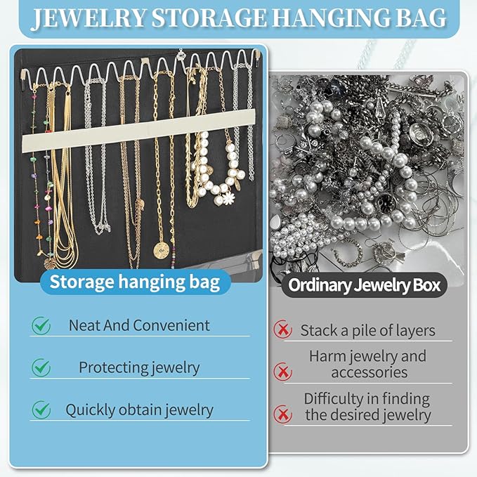 GMAK Hanging Jewelry Organizer with Hanger Metal Hooks, Double-Sided Jewelry Holder Accessories Organizer Storage Roll for Jewelry, Earrings, Bracelets, Necklaces, Rings - Black