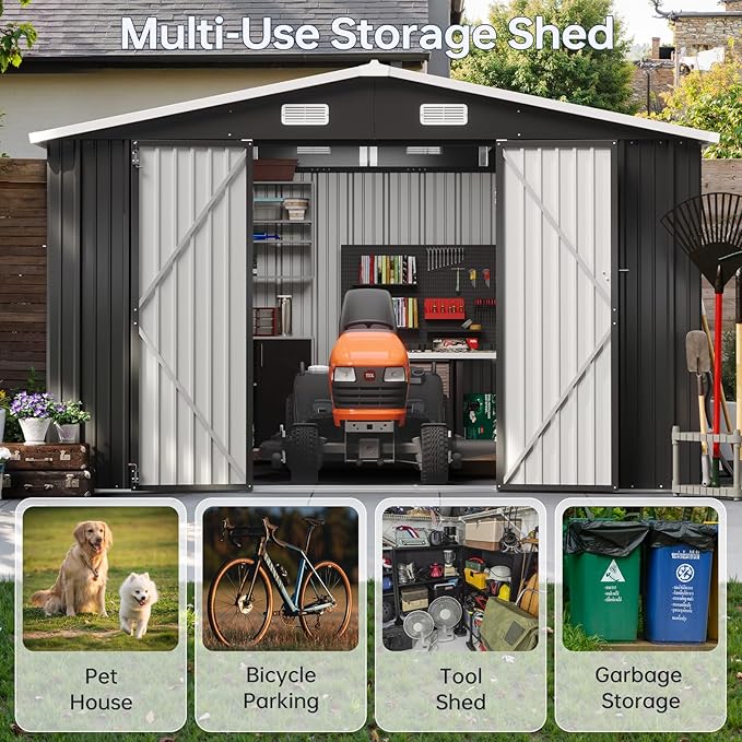 10x12 FT Outdoor Storage Shed, Utility Steel Tool Shed with Lockable Door and Air Vents, Galvanized Metal Shed for Garden Backyard Patio Lawn (10'x12', Black)