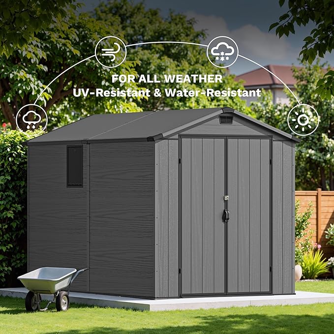 Devoko 6x10 FT Plastic Storage Shed, Outdoor Resin Garden Shed with Floor, Waterproof Tool Storage Shed with Lockable Door and Window for Patio, Garden, Backyard, Dark Gray