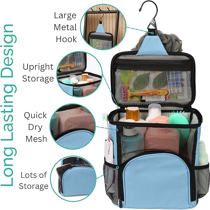 College Dorm Room Essentials for Girls - Shower Caddy Dorm - Original, Portable, Durable, Roomy, Foldable Water Resistant Shower Bag in Light Pink with Metal Hook for Hanging (Light Blue)