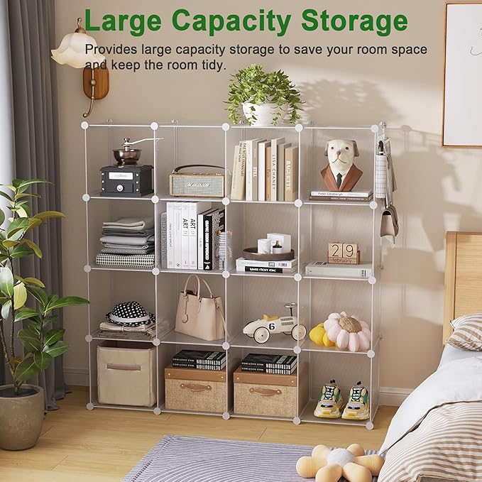 C&AHOME Cube Storage Organizer, 16-Cube Shelves Units, Plastic Storage Cubes, DIY Closet Organizer, Modular Closet Storage Shelf Ideal for Home, 48.4" L × 12.4" W × 48.4" H Transparent Twill UPCS16T