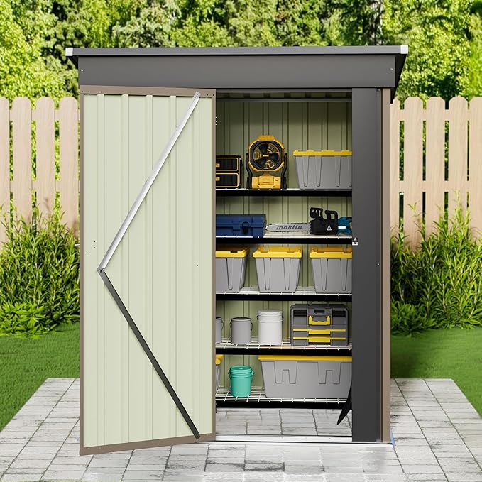 JUMMICO Metal Outdoor Storage Shed 5 x 3 FT Metal Shed with Lockable Door,Waterproof Garden Tool Shed Storage House for Backyard Patio Lawn, Brown