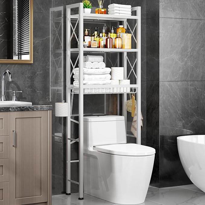 Over The Toilet Storage with X Shape Side Guardrail, 3-Tier Over Toilet Storage Rack with Drain Basket, Freestanding Bathroom Organizer for Balcony Laundry, Pure White
