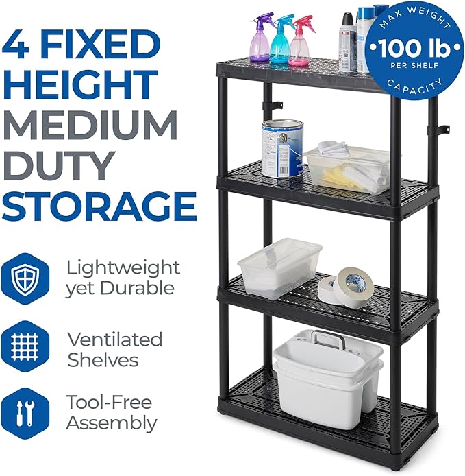 Gracious Living 4 Shelf Fixed Height Medium Duty Storage Unit 14 x 32 x 54.5 Organizer System for Home, Garage, Basement, & Laundry, Black (3 Pack)