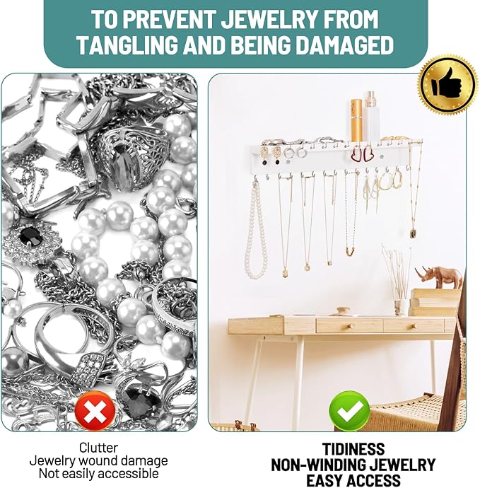 Necklace Holder Organizer Wall Mount,Jewelry Holder Organizer with 30 Hooks,Oak Jewelry Organizer and Storage for Necklaces,Bracelets and Rings (White)