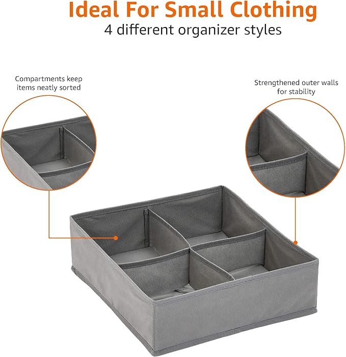 Amazon Basics Dresser Drawer Storage Organizer for Undergarments Gray | Set of 4