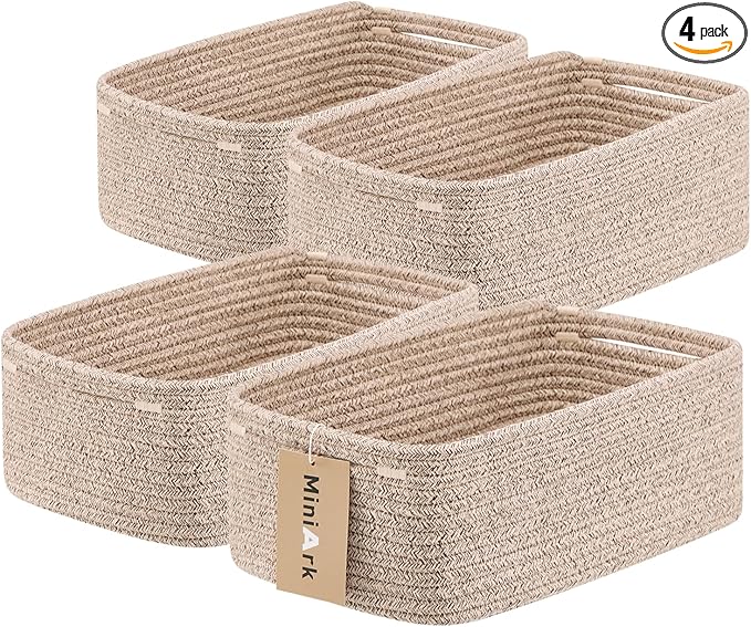 Small Storage Baskets for Organizing | Closet Organizer Bins | Shelf Toy Basket | Woven Rope Baskets | Cube Decorative Box | Shallow Basket | 13x8.5x5.1” | 4 Packs Mixed Brown