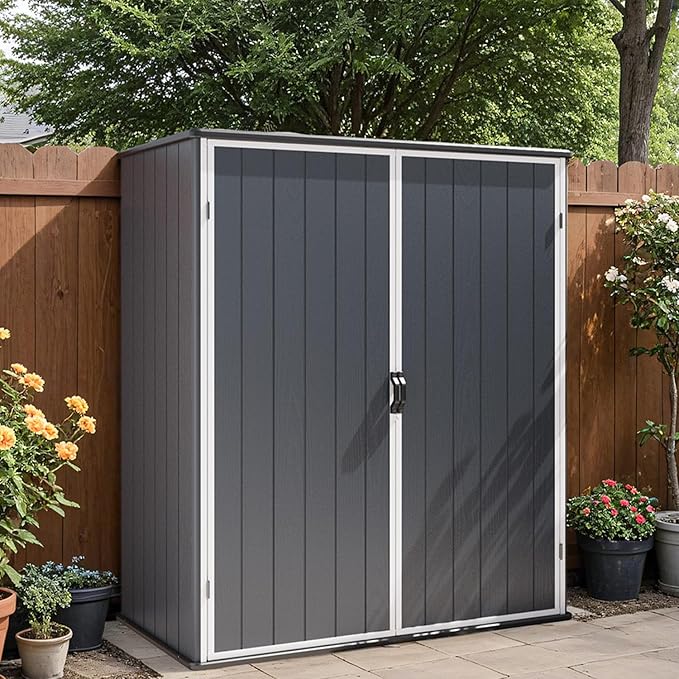 Patiowell Plastic Outdoor Storage Shed with Floor, 5 x 3 FT Patio Outdoor Storage Cabinet with Stable Roof & Lockable Doors, Waterproof Resin Shed for Tools, Patio Furnitrue Accessories, Dark Gray