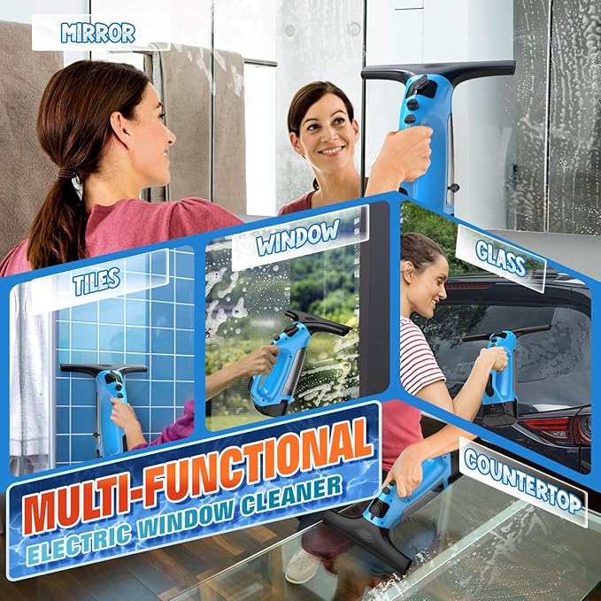 3 in 1 Rechargeable Window Vacuum Squeegee Cordless with 10 Inch Blade, Window Cleaner & Window Cleaning Tool for Spraying, Wiping and Vacuuming Glass, Mirrors, Shower Doors, Tiles and Countertops