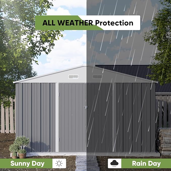 Patiowell 10 x 10 FT Outdoor Storage Shed with Floor Frame, Metal Yard Shed with Design of Lockable Doors, Utility and Tool Storage for Garden, Patio, Backyard, Outside use, Gray