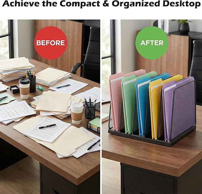 AUPSEN 5-Section Wooden Desktop File Organizer, File Sorter Storage Rack, Vertical File Holder for Office Supplies, Black