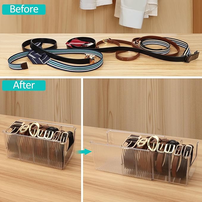 Clear Belt Organizer Extendable, 2 Pack Acrylic Belt Storage Holder with Adjustable Dividers, Belts Storage Container for Drawer and Closet Organization