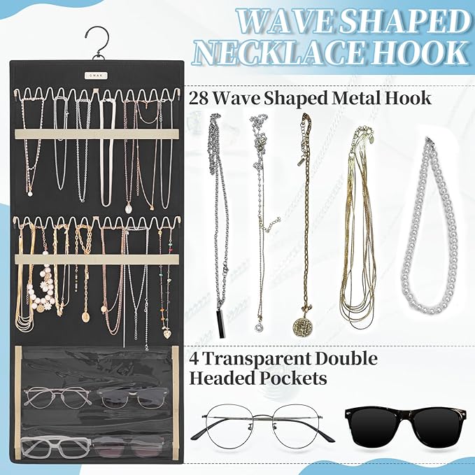 GMAK Hanging Jewelry Organizer with Hanger Metal Hooks, Double-Sided Jewelry Holder Accessories Organizer Storage Roll for Jewelry, Earrings, Bracelets, Necklaces, Rings - Black