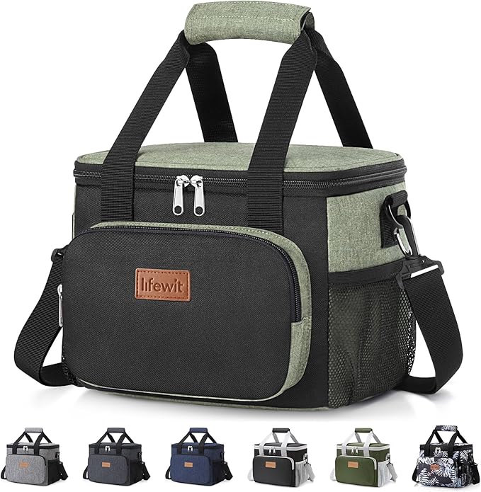 Lifewit Medium Lunch Bag Insulated Lunch Box Soft Cooler Cooling Tote for Adult Men Women, Black and Green 12-Can (9L)