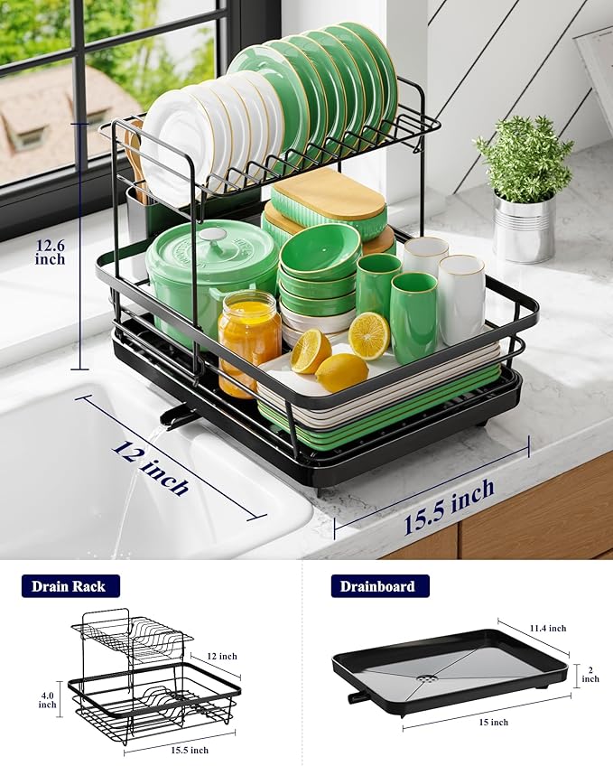 Kitsure Dish Drying Rack for Kitchen Counter, Stainless Steel Sink Organization and Storage Essentials with Cutlery Holder, Home and Appartment Decor, 12''W x 15.5''L, 2-Tiers, Black