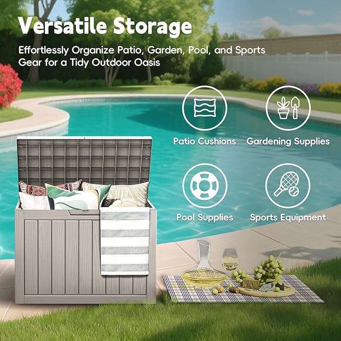 Outdoor Storage Box, 50 Gallon Deck Box Waterproof, Resin Patio Storage Bin for Package Delivery, Patio Furniture Cushion, Garden Tools, Pool Accessories, Weatherproof, Grey