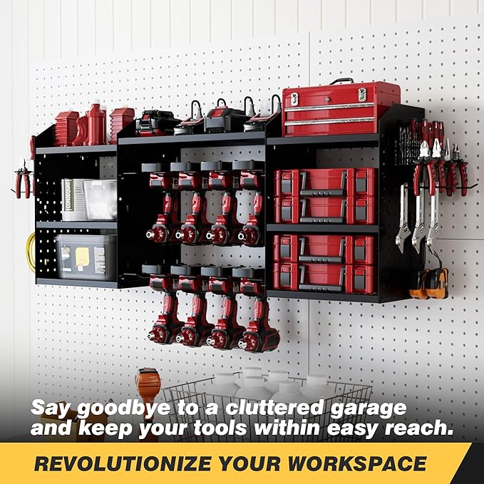 Power Tool Organizer Wall Mount with Charging Station, Heavy-Duty Metal Garage Tool Storage Rack & 8 Outlet Power Strip, 51 Inch 3 Tier 8 Bin Shelves for Workshop Organization