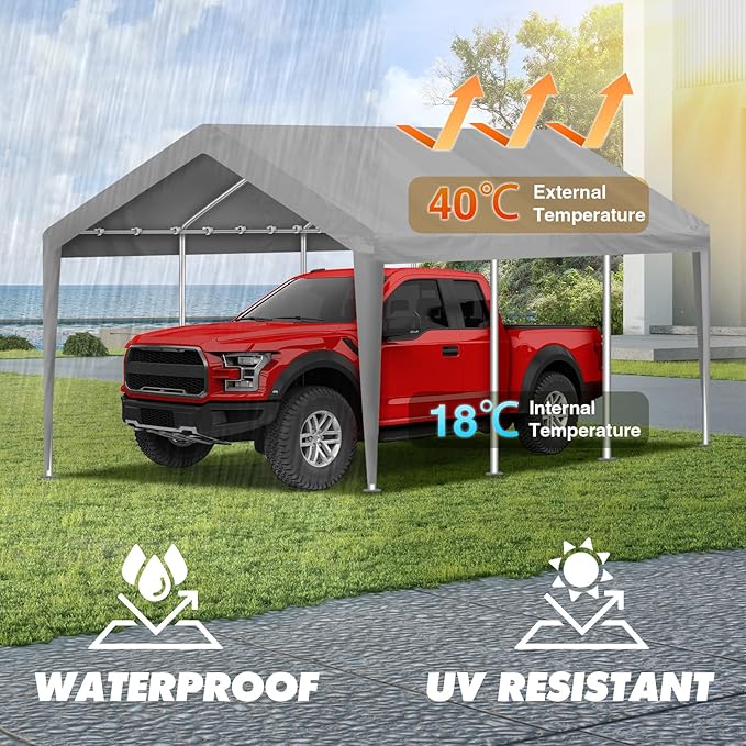 10x20FT Carport Canopy Replacement Cover Heavy Duty Waterproof & UV Protected, All Weather Car Shade Canopy with Ball Bungees (Grey, 10'x20', Frame is not Included)