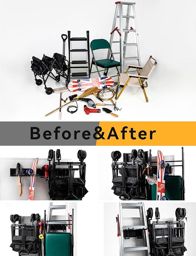 68 Inches Wall Mount Garden Tool Organizer with 17 PCS Adjustable Garden Tool Hanger Rack, Max Load 730lbs Garage Storage, Garage Organization, Yard Shed and Power Tool Organizer Rack
