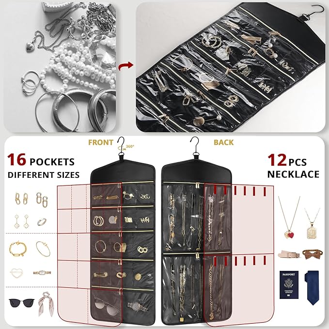 CHICECO Travel Jewelry Holder Organizer,Hanging Jewelry Organizer Storage with Zippered Pockets for Cloest,Jewelry Holder for Earrings, Necklaces（Black）