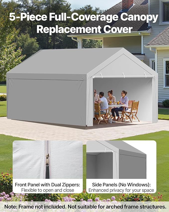 VEVOR Carport Replacement Canopy Cover, 12 x 20 ft Potable Garage Tent Top Tarp with Sidewalls, UV-Resistant & Waterproof, Heavy Duty Car Shelter Tarp with Ball Buggees, Grey, Frame Not Included